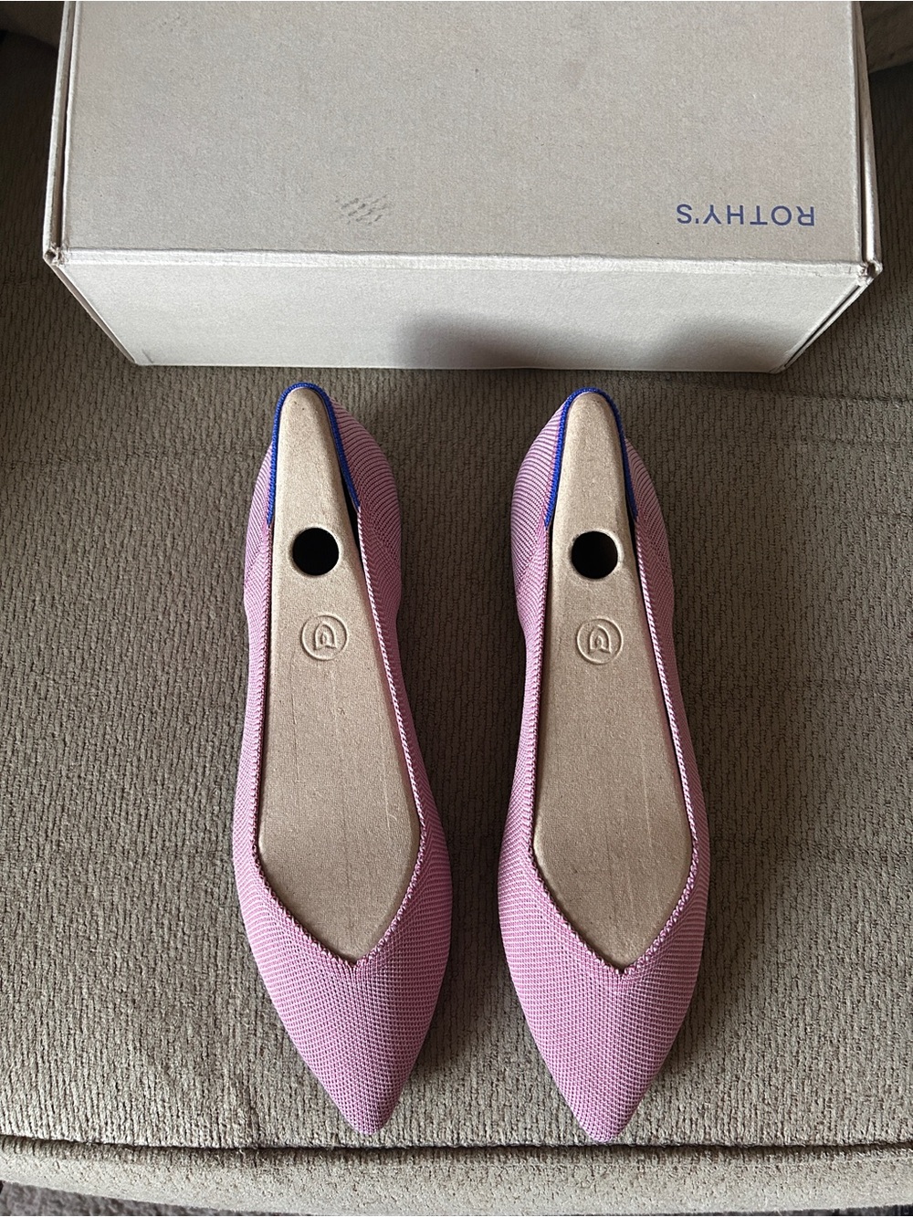 Rothy's Pink Pointed Knit Flats with Blue Trim